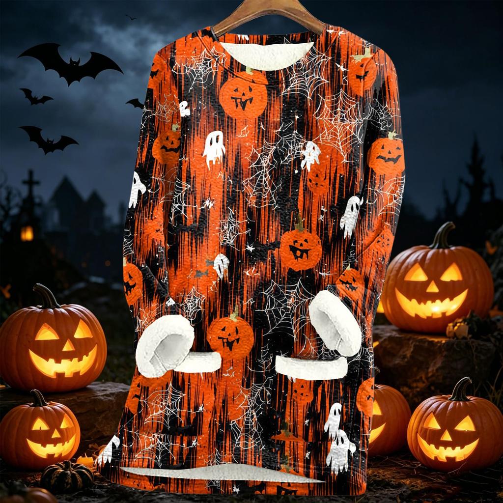 Women's Long Sleeve Pullover Fleece Lined Sweatshirt Cozy Thick Warm Lamb Wool Autumn Winter Top Halloween Print