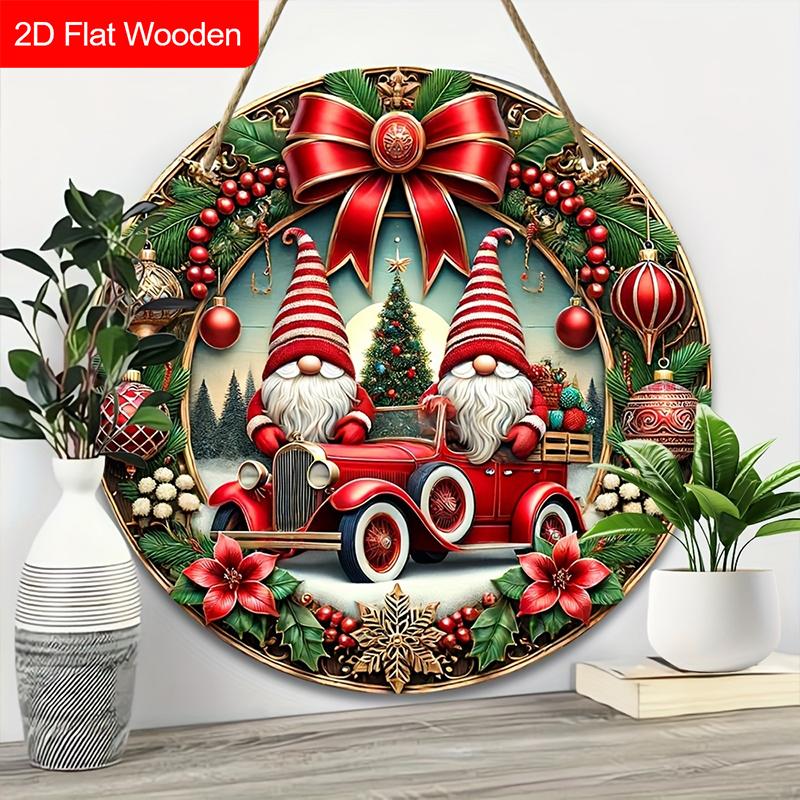 Wooden Christmas Sign with Gnome Pattern - Navidad Round Sign for Christmas Tree, Balcony, Decor - Ideal Christmas Gift