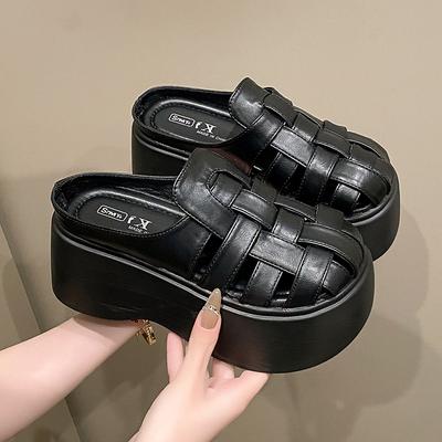 Fashion 8CM Women Leather Sandals New Ladies Shoes Woman Pumps Women Cross-strap Slides Platform Shoes Heels Slip On Round Toe Slippers