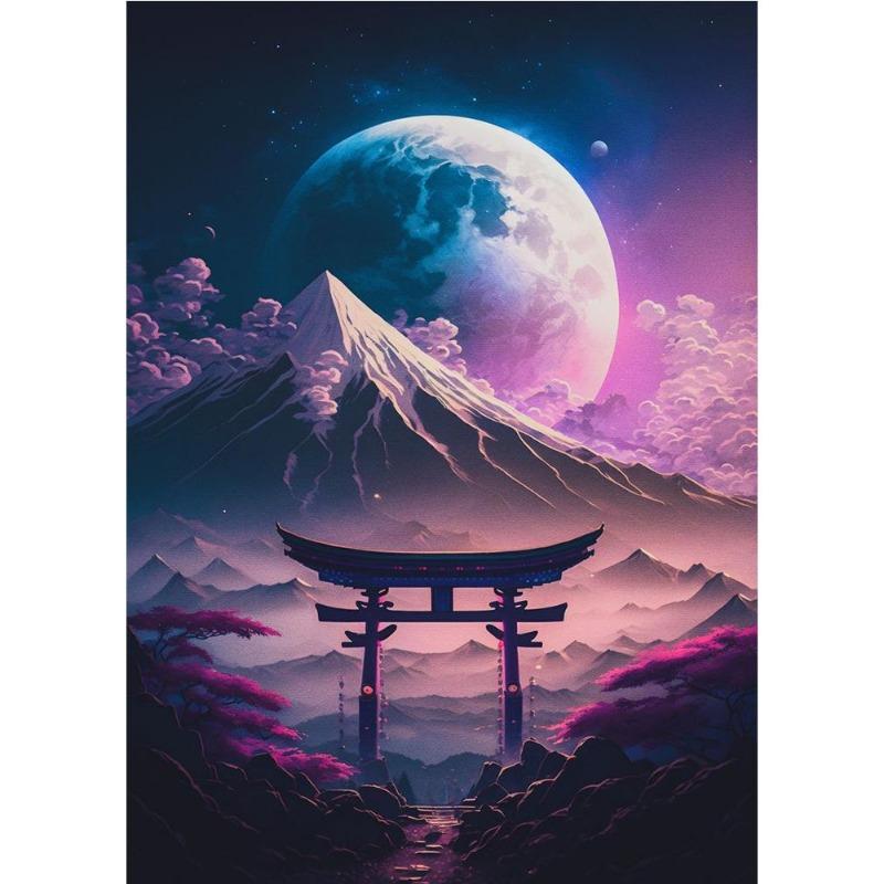 Japanese cherry color koi, fish, moonlake, magic art poster, canvas, painting, Japanese landscape, wall art for living room, home decor