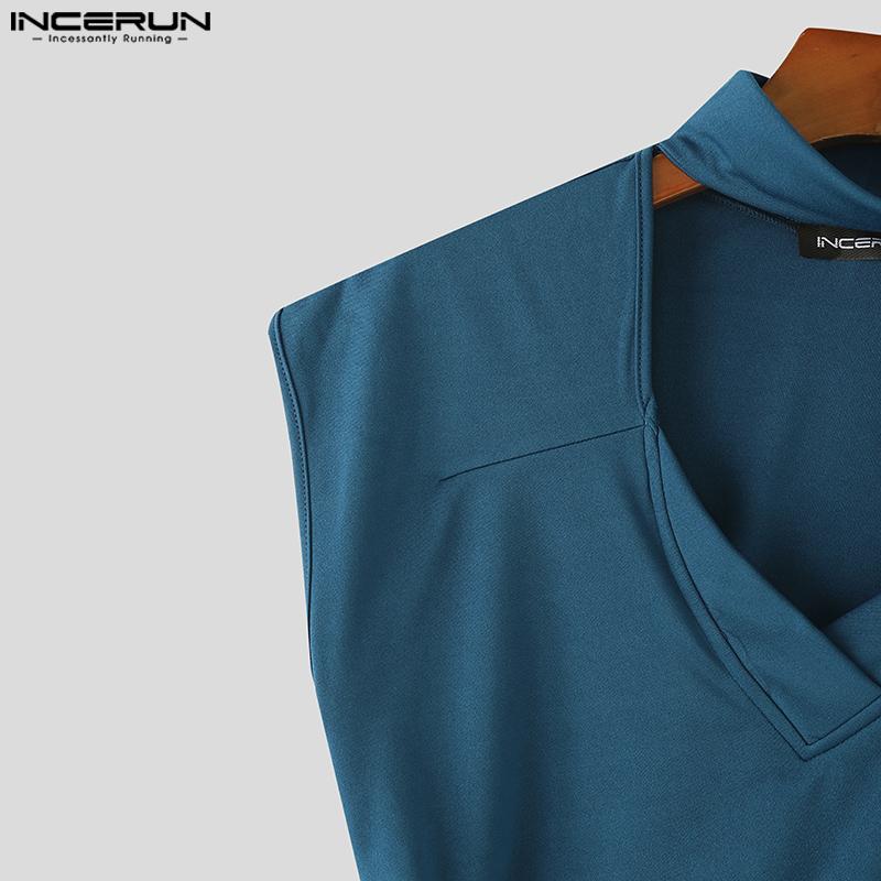 INCERUN Summer Men Short Sleeve Cutout Front Cross Splits Casual Slim T-shirts