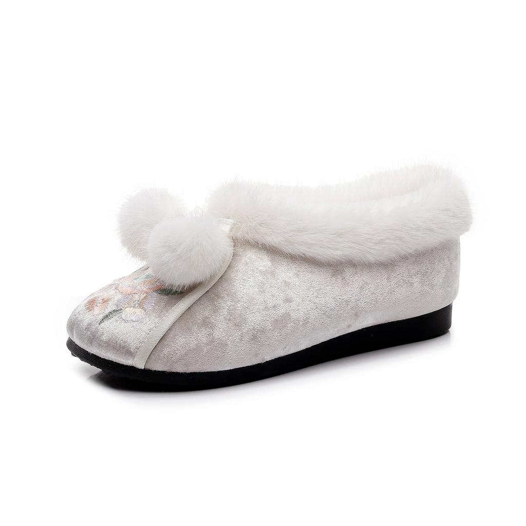 Women's Winter Embroidered Loafers Casual Non-Slip Walking Flats with Faux Fur Lined Warm Comfortable Fuzzy Plush Fleece Moccasins Shoes for Women