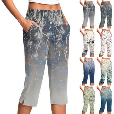 Pantaloni de damă vintage cu imprimeu floral, buzunar cu nasture, crăpătură, talie înaltă, pantaloni sport, yoga, casual