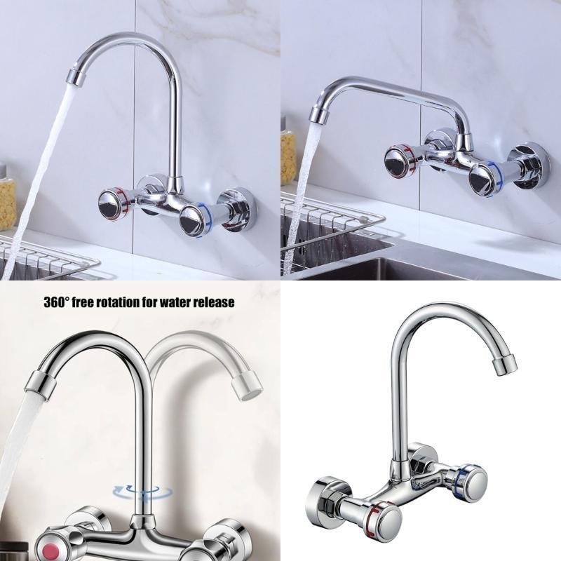  360 Rotate Wall Mounted Kitchen Faucet Double Handle Operation Strong Brass Construction Hot Cold Water Control