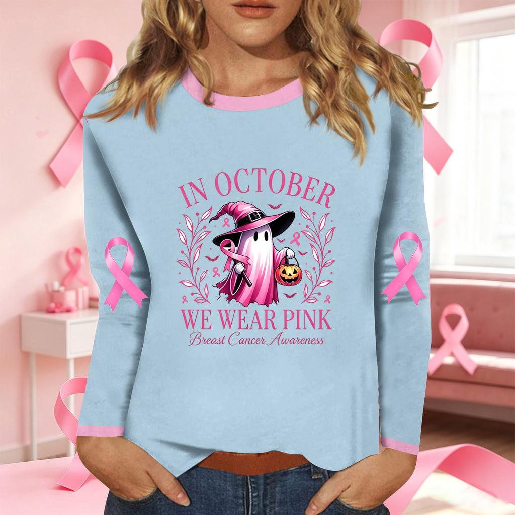 Women's Casual Long Sleeve Neck Top with Breast Ribbon Print