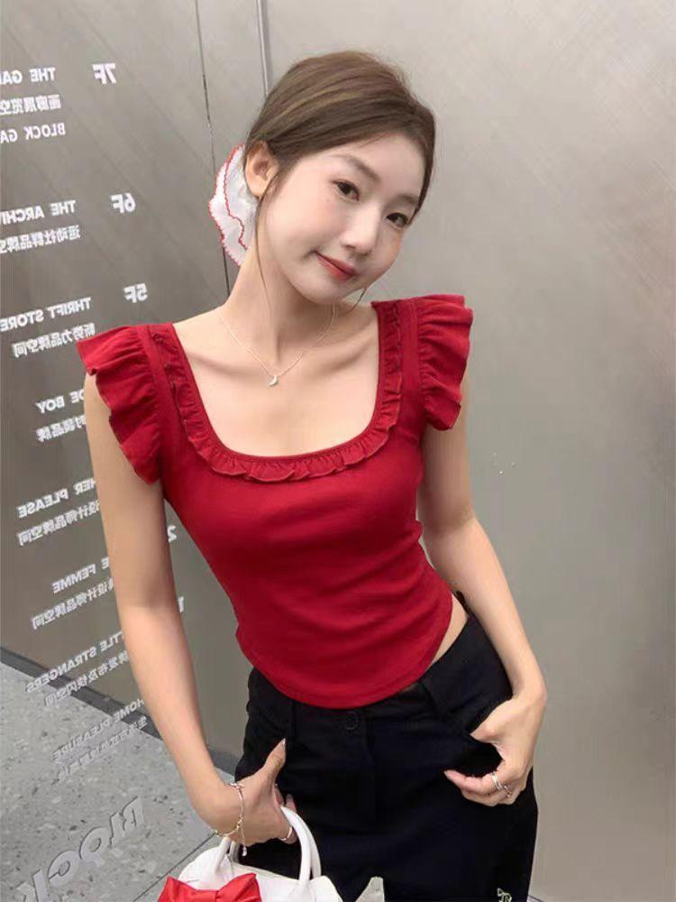 

Niche square collar lace small flying sleeve T-shirt female Spice Girl pure desire design front and back two wear thin short top s [recommended within 50kg]