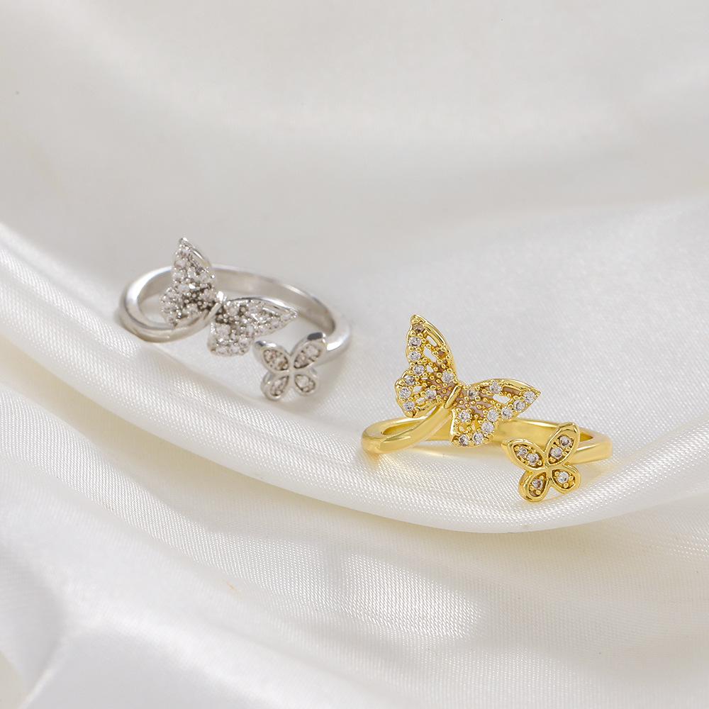 Elegant Butterfly Copper Ring with Geometric Diamond Design - Adjustable for Women