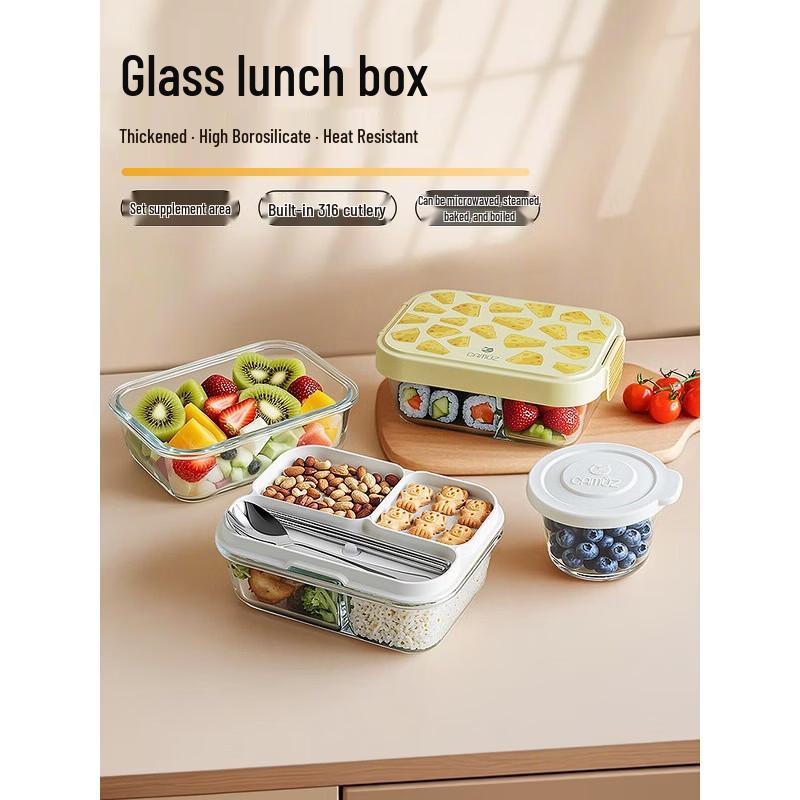 CAMUZ 1000ml 3-Compartment Glass Lunch Box with Cutlery