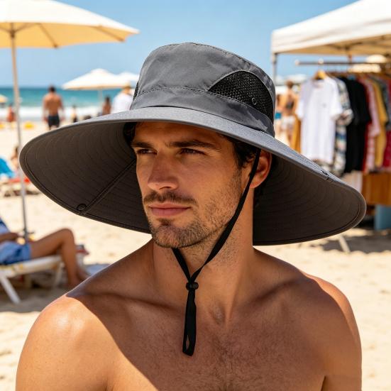 Summer Foldable Bucket Hat, Extra Large Brim Sun Protection Hat, Fisherman Hat with Adjustable Windproof Rope, for Hiking Beach Gardening Outdoor