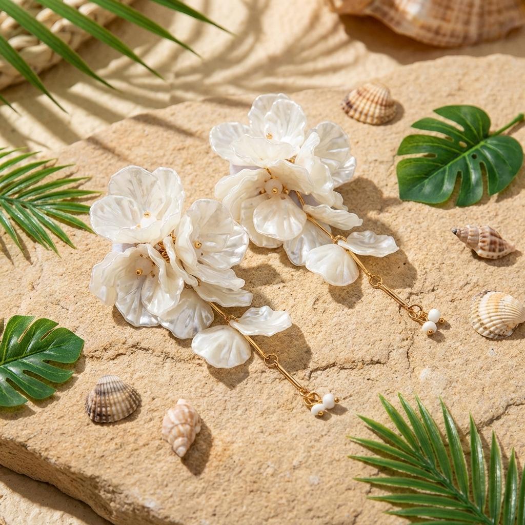 Elegant White Petal Flower Tassel Drop Earrings for Women Exaggerated Acrylic Shell Flower Earrings Wedding Party Jewelry