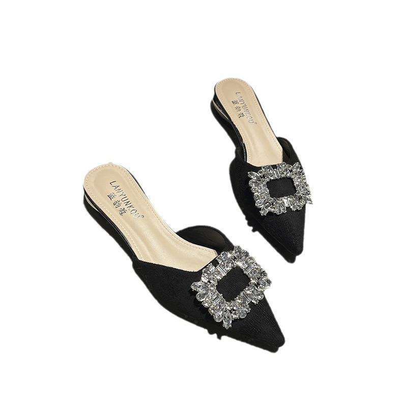 French Rhinestone Bag Head Half Slippers Women's Outer Wear Summer 2024 New Thin Heel Lazy Cool Slippers High Heel Muller Shoes
