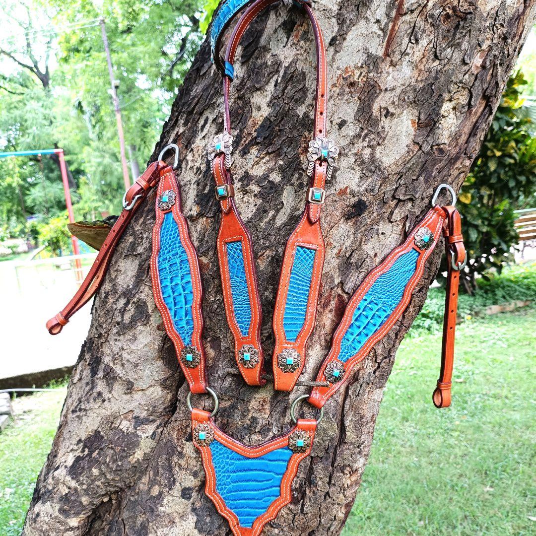 

Premium Horse Show Saddle Tack Western Leather Headstall Breast Collar M бірюзовий