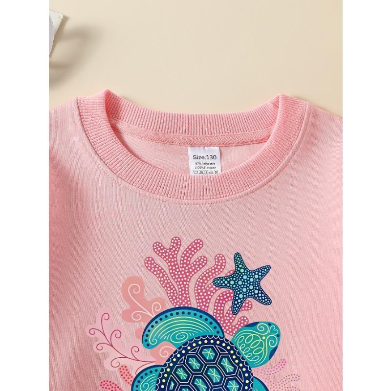 European Sizes Girls' Long-Sleeve Round Neck Sweatshirt "Sea Turtle Coral" Print, Spring/Autumn, Casual, Daily & Sports.