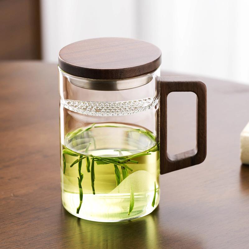 Domowy kubek z drewnianą rączką odporny na wysoką temperaturę, kubek do herbaty z separatorem, szklany kubek do herbaty, szkło borokrzemowe, kubek na wodę, kubek do herbaty