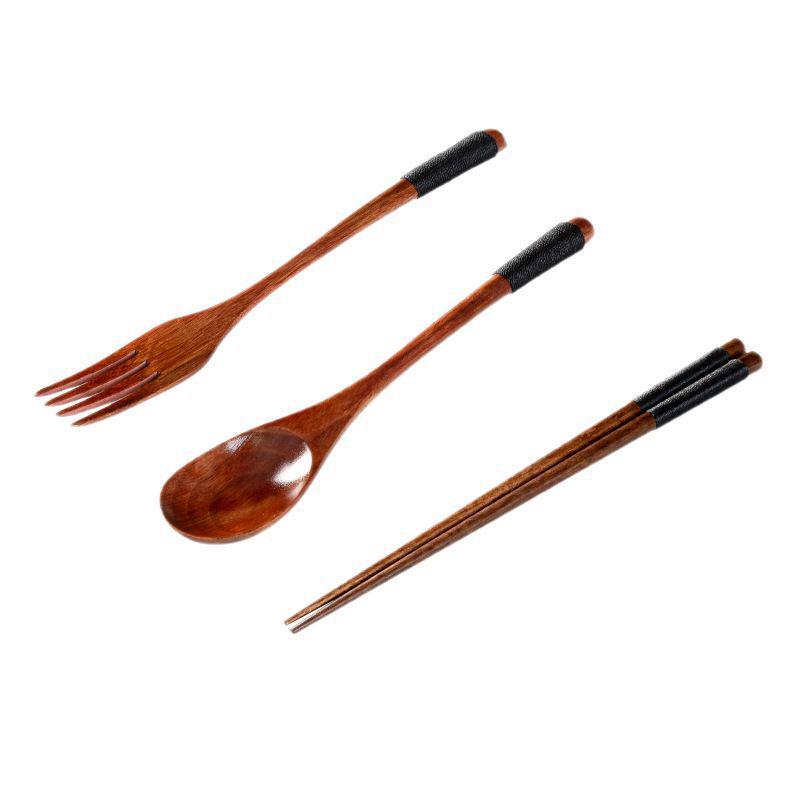 Japanese Portable Lunch Set: Cloth Bag with Wooden Spoon, Fork, and Chopsticks