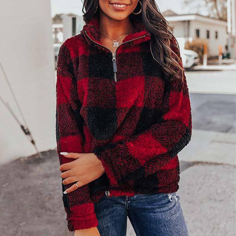 

Толстовка в клетку с принтом, женский повседневный топ на молнии с длинными рукавами XL красный