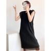 Elegant Pleated Mesh Overlay Dress Womens Loose Fit U-Neck Midi Sleeveless Office Chic