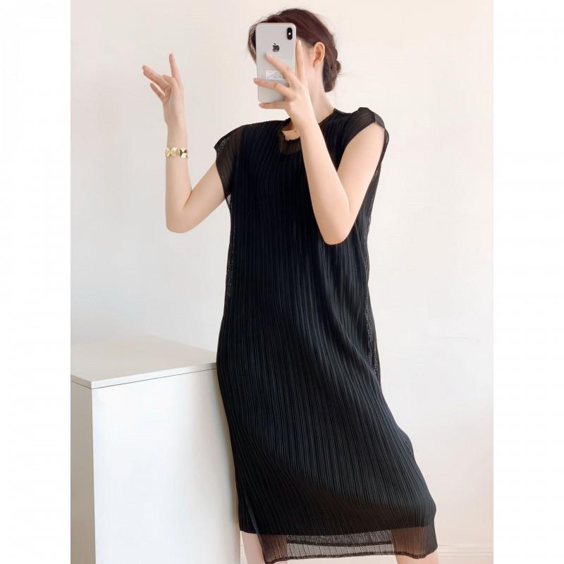 Elegant Pleated Mesh Overlay Dress Womens Loose Fit U-Neck Midi Sleeveless Office Chic