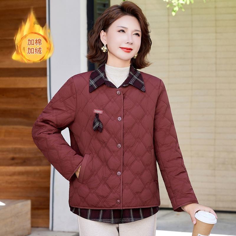 Winter warm cotton-padded clothes women's plaid splicing jackets velvet versatile large-size cotton-padded jackets
