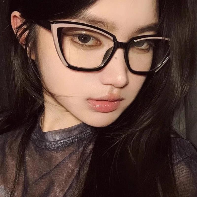 Fashion Cat Eye Glasses Transparent Retro Color Block Splicing Decorative Eyewear for Women Computer Use