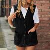 Dame dongerivest V-hals Ermeløse patchlommer Enkeltspent cardigan Ensfarget Uformell Ermeløs Streetwear damevest