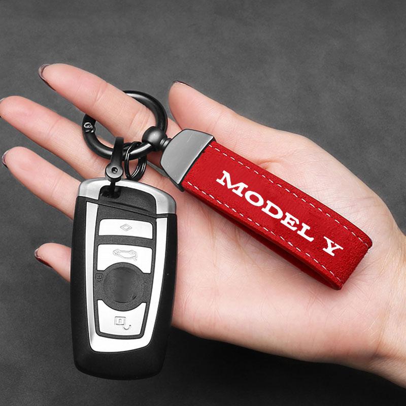 Car Key Chain Luxury Genuine Leather Keychain Pure Color Buckle Key Ring Car Accessories Gift Car Keychain For Tesla Model Y