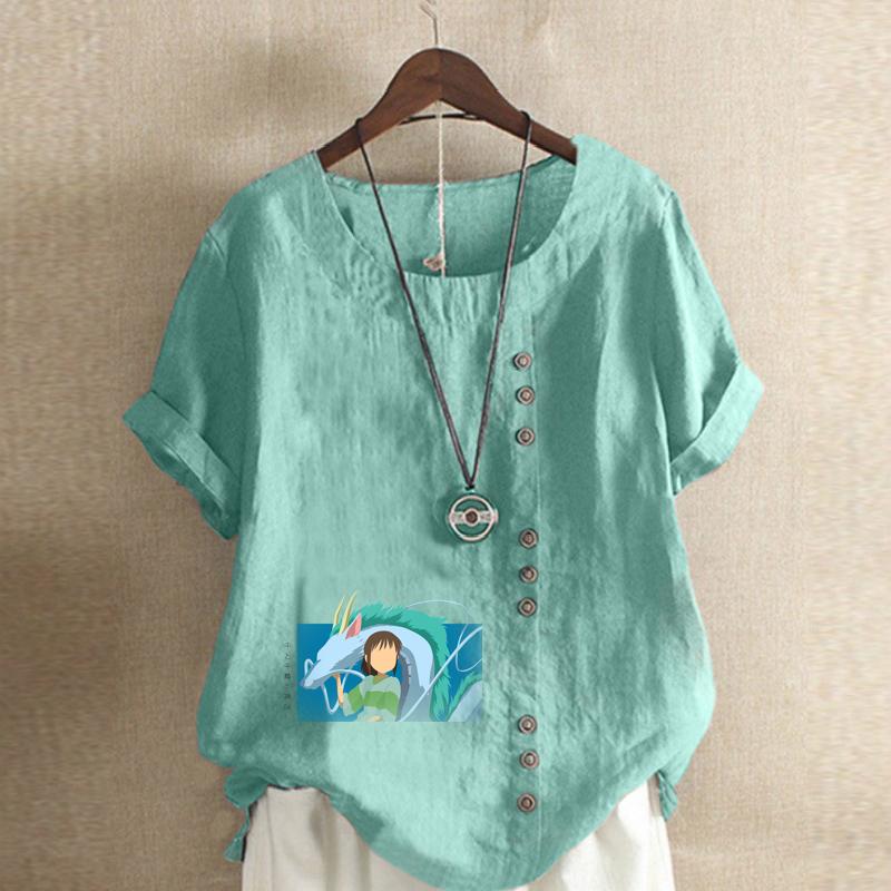 Women's Fashion Cartoon Characters Print Short Sleeve T-shirt Loose Cotton Shirt Casual Loose Summer Blouse Tops