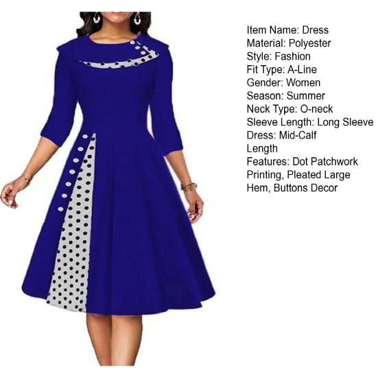 O-neck Button Decoration Long Sleeves Waist Tight Pleated Large Hem Female Dress Spring