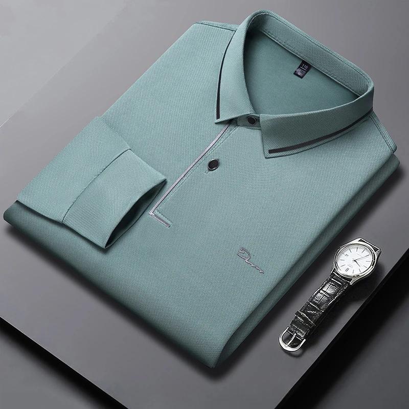 Nová pánská business casual košile s dlouhým rukávem s odznakem, jednobarevné polo tričko, módní, prodyšný, pohodlný, všestranný top