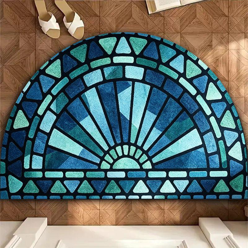 Semi-Circular Wavy Serrated Geometric Entrance Mat, Non-Slip Door Rug for Bathroom & Entryway, Modern Home Decor