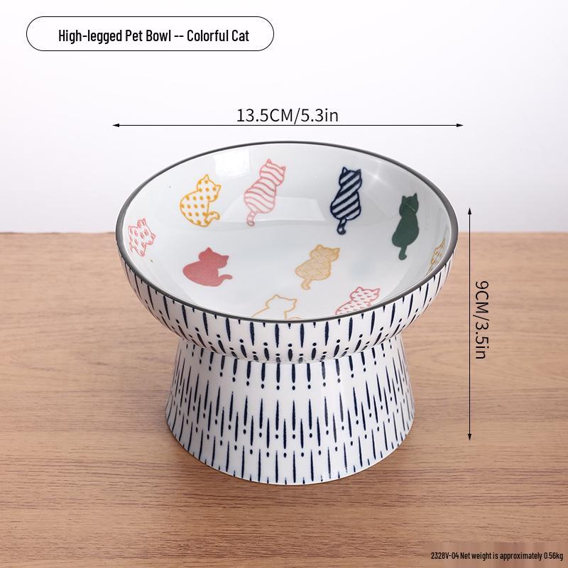 Slanted Ceramic Cat Bowl: Cute, Hand-Painted, Neck-Protecting, Multi-Functional Elevated Bowl for Food & Water