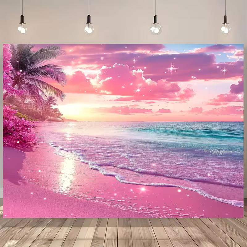 2D Flat Glitter Pink Beach Banner Tropical Paradise Themed Backdrop for Vacation & Summer Decor