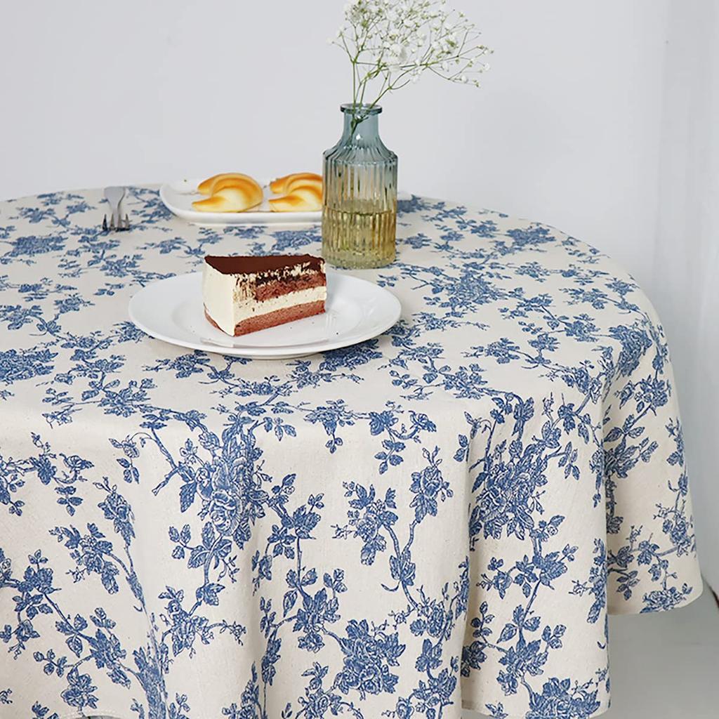 Blue Floral Pastoral Table Cloth Cotton Linen Vintage Tablecloth Indoor Outdoor Table Cover Suitable For Party,Picnic,Dining