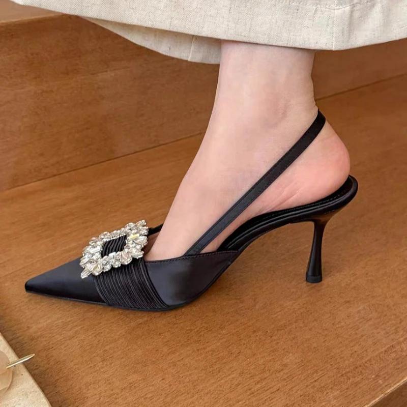 Women's Single Shoes with Heels Thin Heels Pointed Toe Rhinestones Heels Dress Banquet Leaking Heel French Sandalias De Mujer