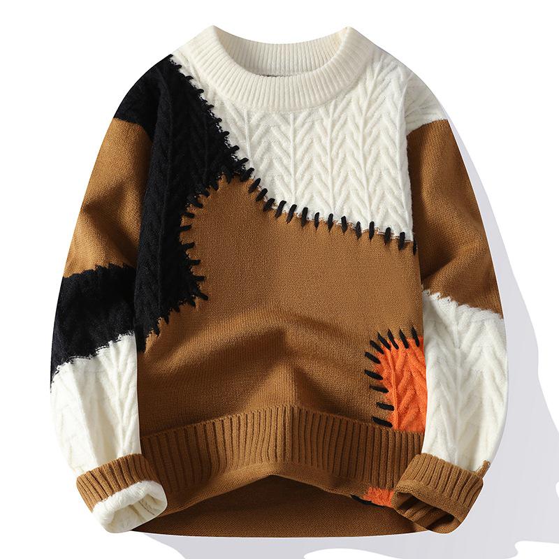 Men's 2024 Winter Color-Block Knitted Sweater - Casual, Warm, and Loose Fit