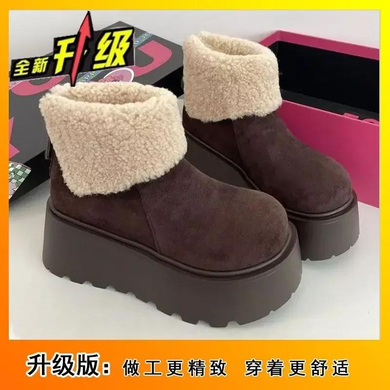 Platform Women's Snow Ankle Boots Suede Mid Heel Cotton Shoes Short Plush Warm Boots Trendy Winter Casual Boots