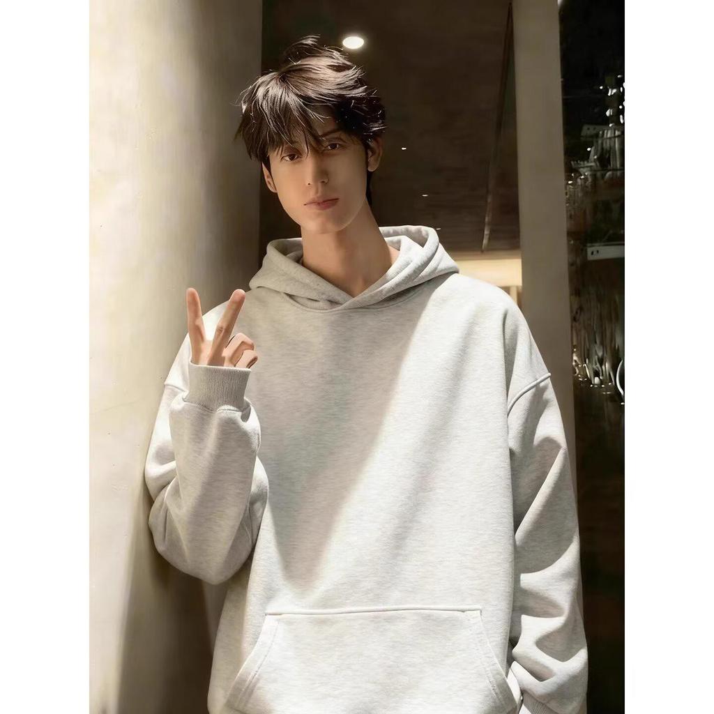 Men's Light Gray Heavyweight Hoodie - Casual Loose Fit, Trendy American Style, Autumn/Winter.