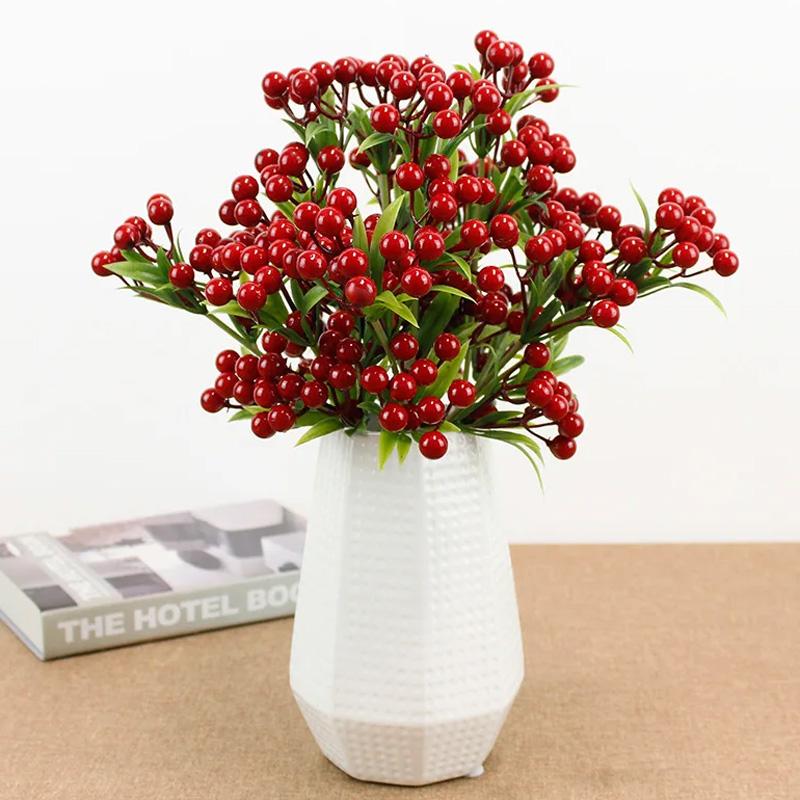 1 Bunch Home Decor Lifelike Artificial Fruit 12-head with Leaves DIY Foam Fruit Red Berries Branch Tabletop Accents