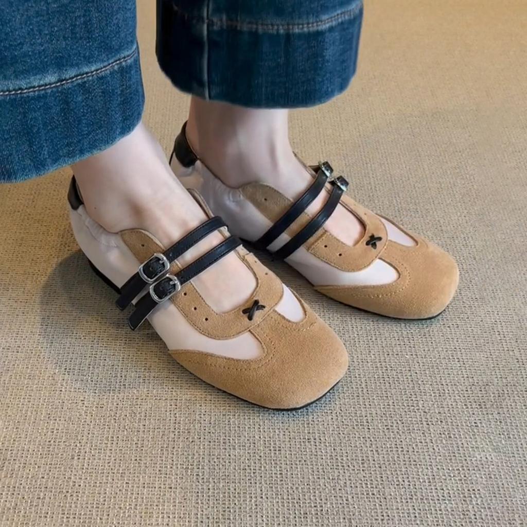 Sheepskin version~ New double-breasted hollow matte German training shoes women's retro color matching sports flat Mary Jane single shoes