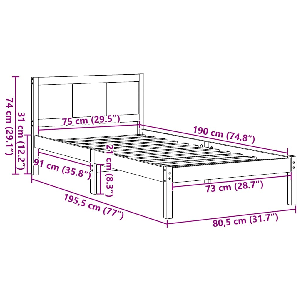 Bed Frame White 75 x 190 cm Solid Pine Wood