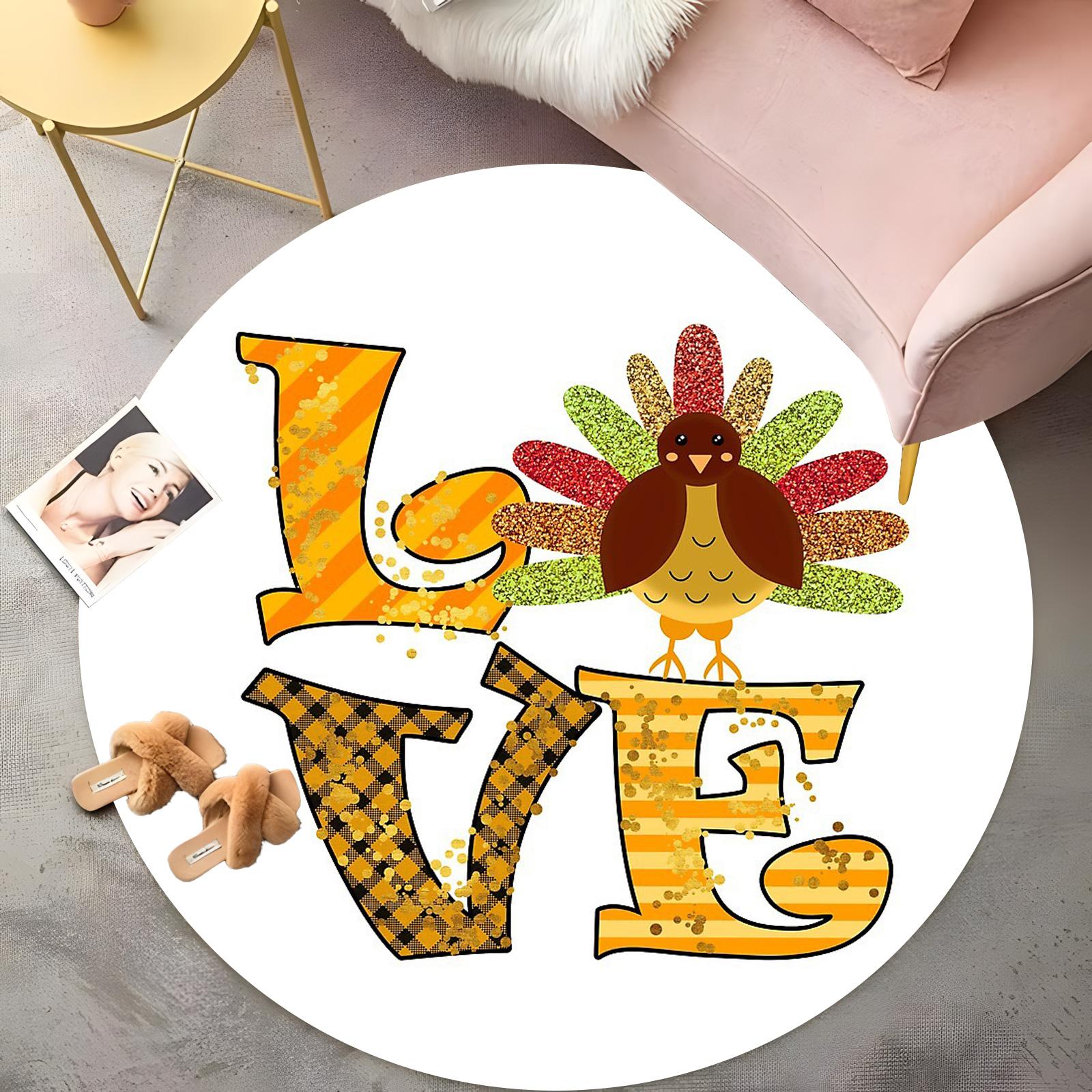 

Thanksgiving Love Round Rug - Cartoon Turkey & LOVE Design, Orange & Green Bohemian Carpet,Non-Slip Cozy Living Room Floor Mat 60cm