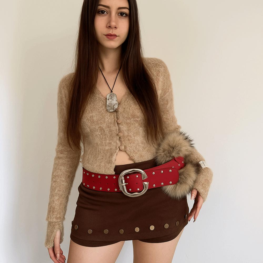 Rivet Leather Fur Belt Faux Fur Plush Belt Vintage Y2K Waistband  Daily