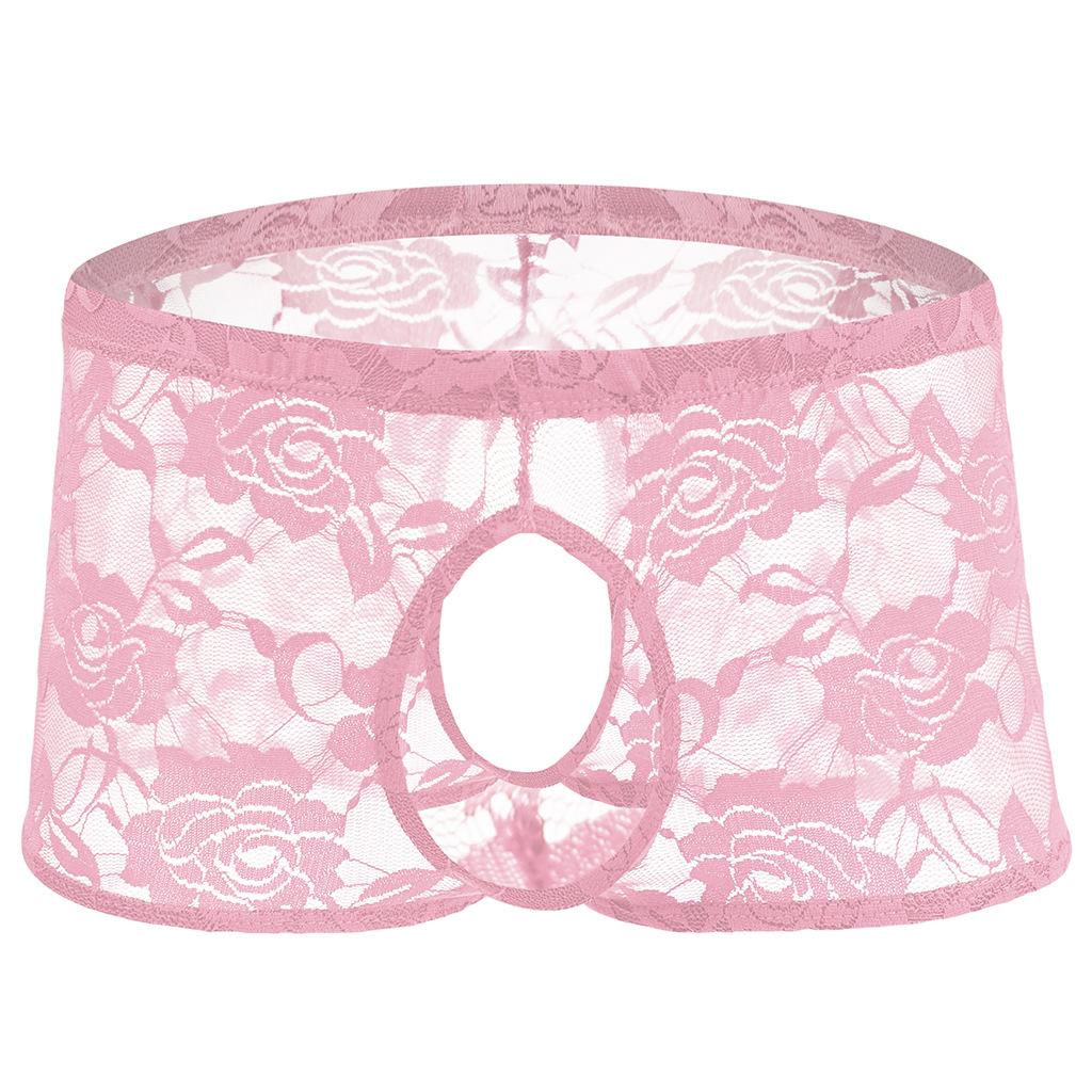Men'S Rose Lace Boxers See Through Underwear Sissy Open Crotch Lingerie Open Front Penis Panties Crossdress Underpant Nightwear