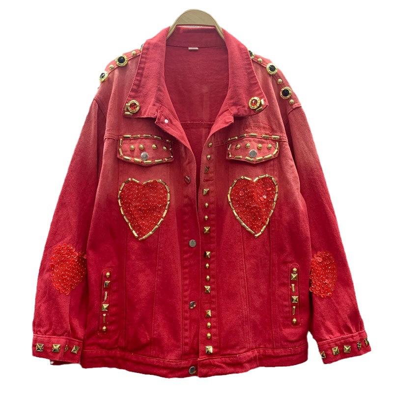 European and American Style Design Autumn and Winter New Heavy Industry Nail Drill Sequins Love Red Denim Jacket Women's Cross-border Trendy Brand