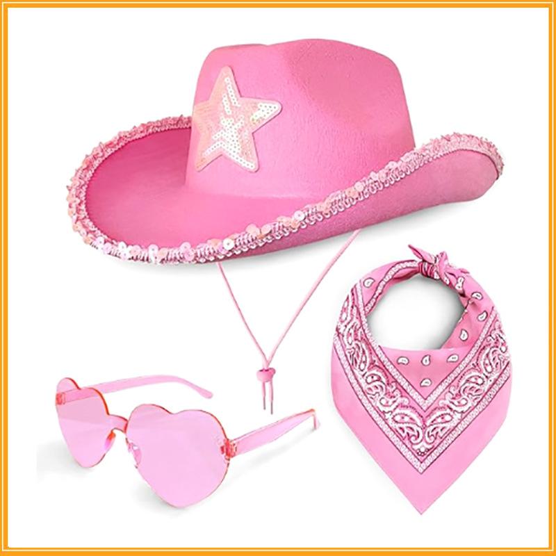 

Пятнистая Розовая Пятиконечная Звезда Белый Деним Шляпа с Блестками Двойной Квадратный Шарф Каштан Платок на Голову Вечеринка Западный Комплект Hat Square Towel Glasses