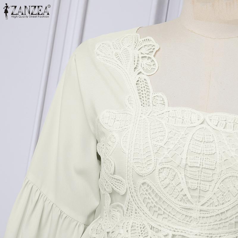 ZANZEA Women Square Neck Casual Crochet Patchwork Summer 3/4 Sleeve Blouse