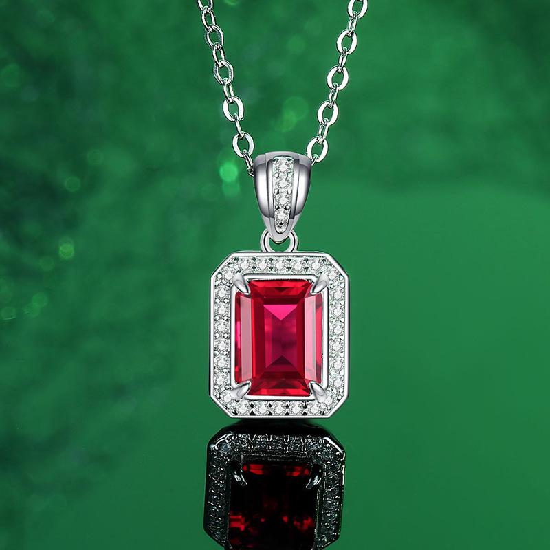 S925 Sterling Silver Ruby Pendant Necklace, Ring, and Stud Earrings Set - Simulated Pigeon Blood Red