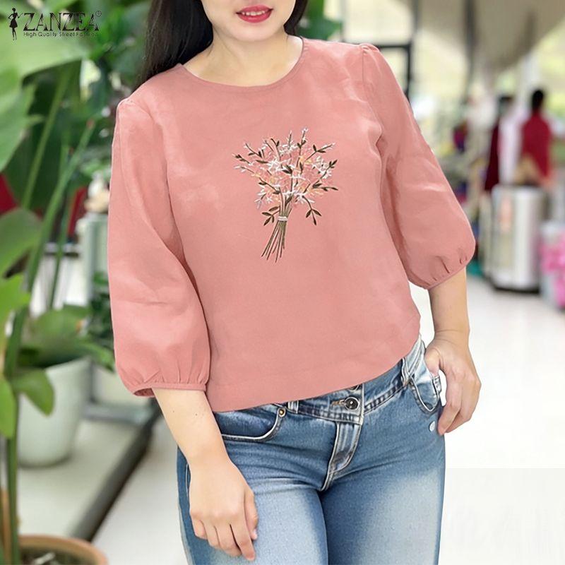 ZANZEA Women Casual Round Neck 3/4 Sleeve Floral Embroider Blouse