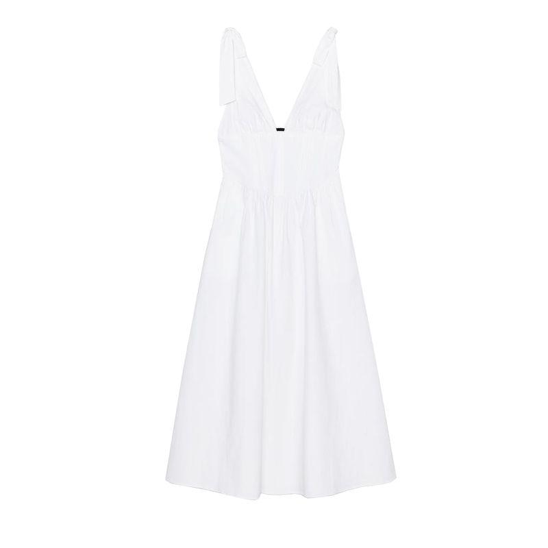 Spring and Summer New Women's Clothing Pleated Decorative Deep V Neck Bowknot Decoration Poplin Midi Skirt Dress 0881334