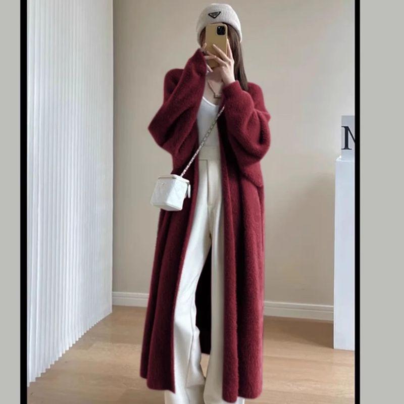 

Fancy Cashmere Anke Red Mid-Length Sweater Outwear Female Fall and Winter Fashion Wind Knitting Cardigan Loose Mink Fur Ankoala Red S